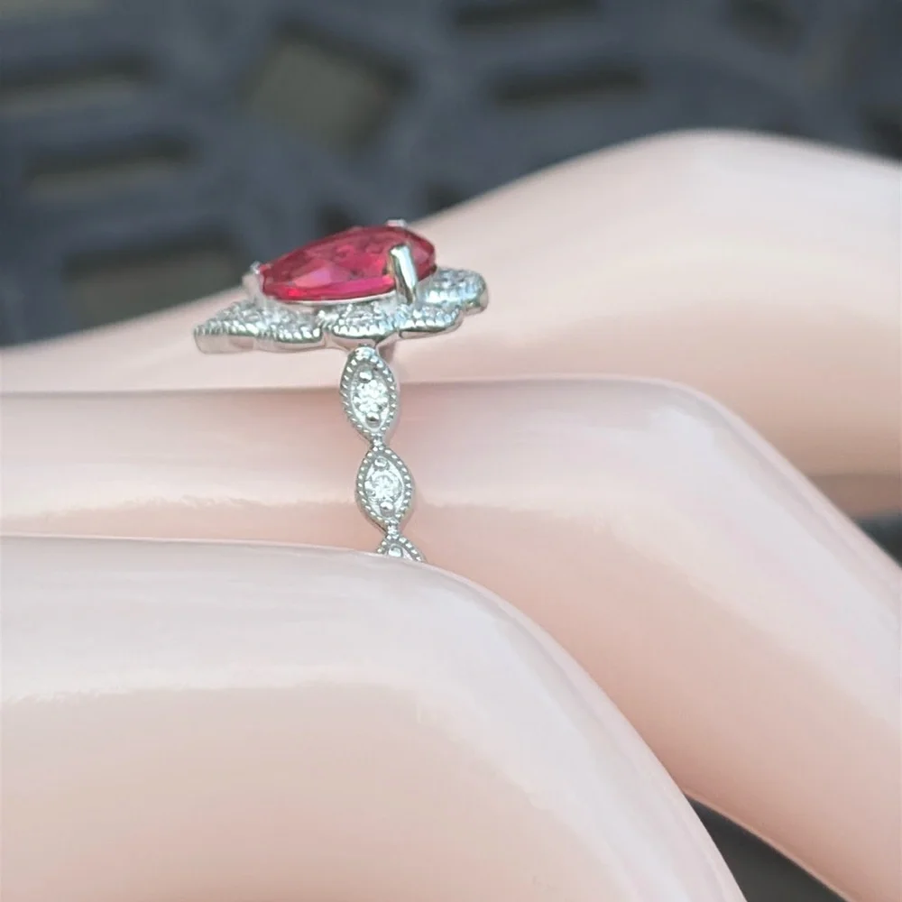 Pear Cut 1.25 tcw Genuine Ruby & Diamond Ring Sterling Silver Size 7 - Picture 4 of 14